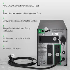 APC Smart-UPS, Line Interactive, 1500VA, Tower, 120V, 8x NEMA 5-15R outlets, SmartConnect Port+SmartSlot, AVR, LCD (SMT1500C)