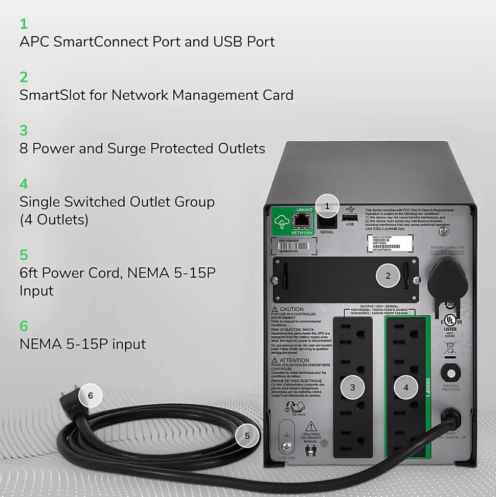 APC Smart-UPS, Line Interactive, 1500VA, Tower, 120V, 8x NEMA 5-15R outlets, SmartConnect Port+SmartSlot, AVR, LCD (SMT1500C)