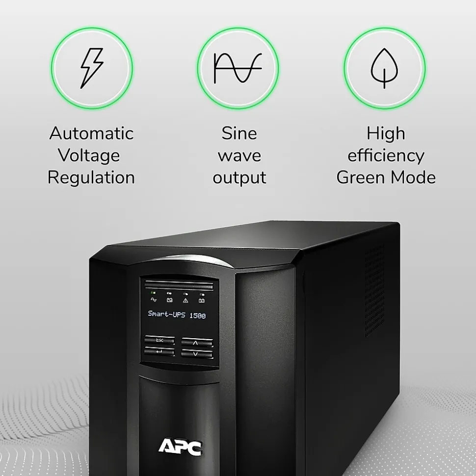 APC Smart-UPS, Line Interactive, 1500VA, Tower, 120V, 8x NEMA 5-15R outlets, SmartConnect Port+SmartSlot, AVR, LCD (SMT1500C)