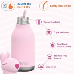 ASOBU Bestie Bottle Bunny Vacuum Insulated Stainless Steel Water Bottle with Reusable Flexi Straw, 16 oz., Pink (SBV44BU)
