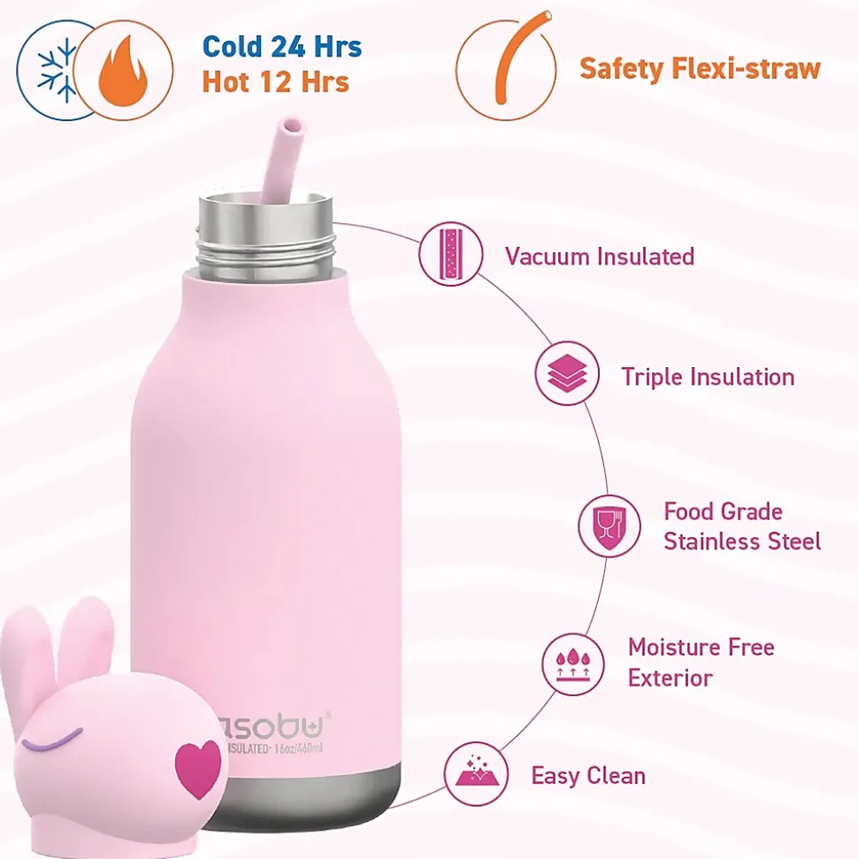 ASOBU Bestie Bottle Bunny Vacuum Insulated Stainless Steel Water Bottle with Reusable Flexi Straw, 16 oz., Pink (SBV44BU)