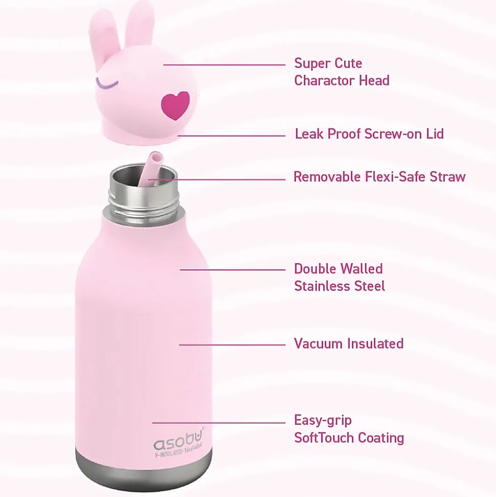 ASOBU Bestie Bottle Bunny Vacuum Insulated Stainless Steel Water Bottle with Reusable Flexi Straw, 16 oz., Pink (SBV44BU)