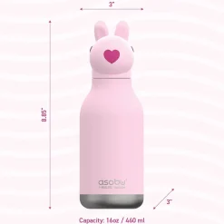ASOBU Bestie Bottle Bunny Vacuum Insulated Stainless Steel Water Bottle with Reusable Flexi Straw, 16 oz., Pink (SBV44BU)