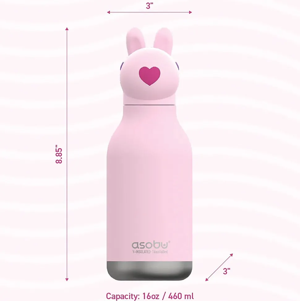 ASOBU Bestie Bottle Bunny Vacuum Insulated Stainless Steel Water Bottle with Reusable Flexi Straw, 16 oz., Pink (SBV44BU)