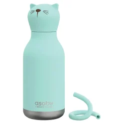 ASOBU Bestie Bottle Kitty Vacuum Insulated Stainless Steel Water Bottle with Reusable Flexi Straw, 16 oz., Blue (SBV44CA)