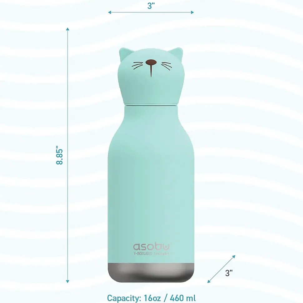 ASOBU Bestie Bottle Kitty Vacuum Insulated Stainless Steel Water Bottle with Reusable Flexi Straw, 16 oz., Blue (SBV44CA)