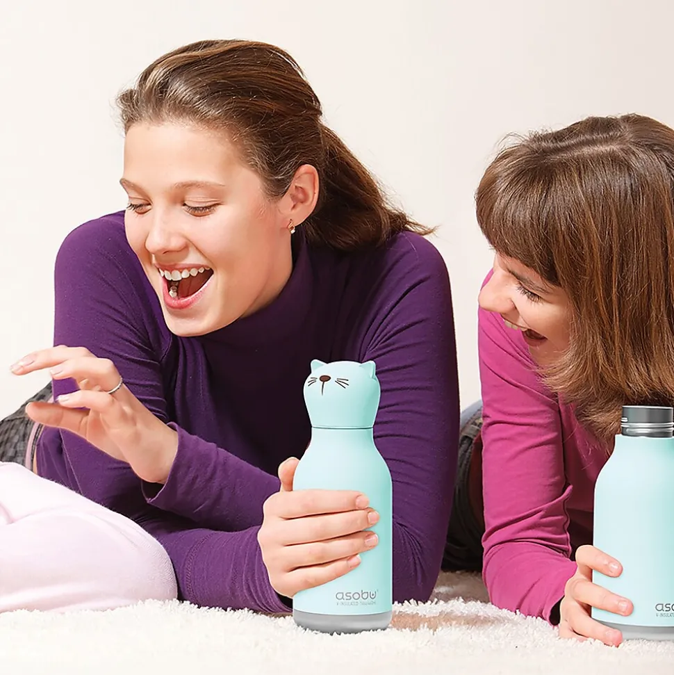 ASOBU Bestie Bottle Kitty Vacuum Insulated Stainless Steel Water Bottle with Reusable Flexi Straw, 16 oz., Blue (SBV44CA)