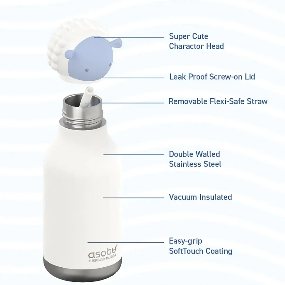 ASOBU Bestie Bottle Sheep Vacuum Insulated Stainless Steel Water Bottle with Reusable Flexi Straw, 16 oz., White (SBV44SH)