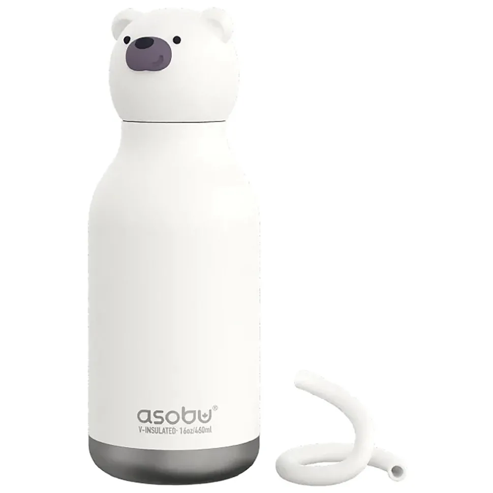 ASOBU Bestie Bottle Teddy Bear Vacuum Insulated Stainless Steel Water Bottle with Reusable Flexi Straw, 16 oz., White (SBV44BE)