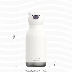 ASOBU Bestie Bottle Teddy Bear Vacuum Insulated Stainless Steel Water Bottle with Reusable Flexi Straw, 16 oz., White (SBV44BE)