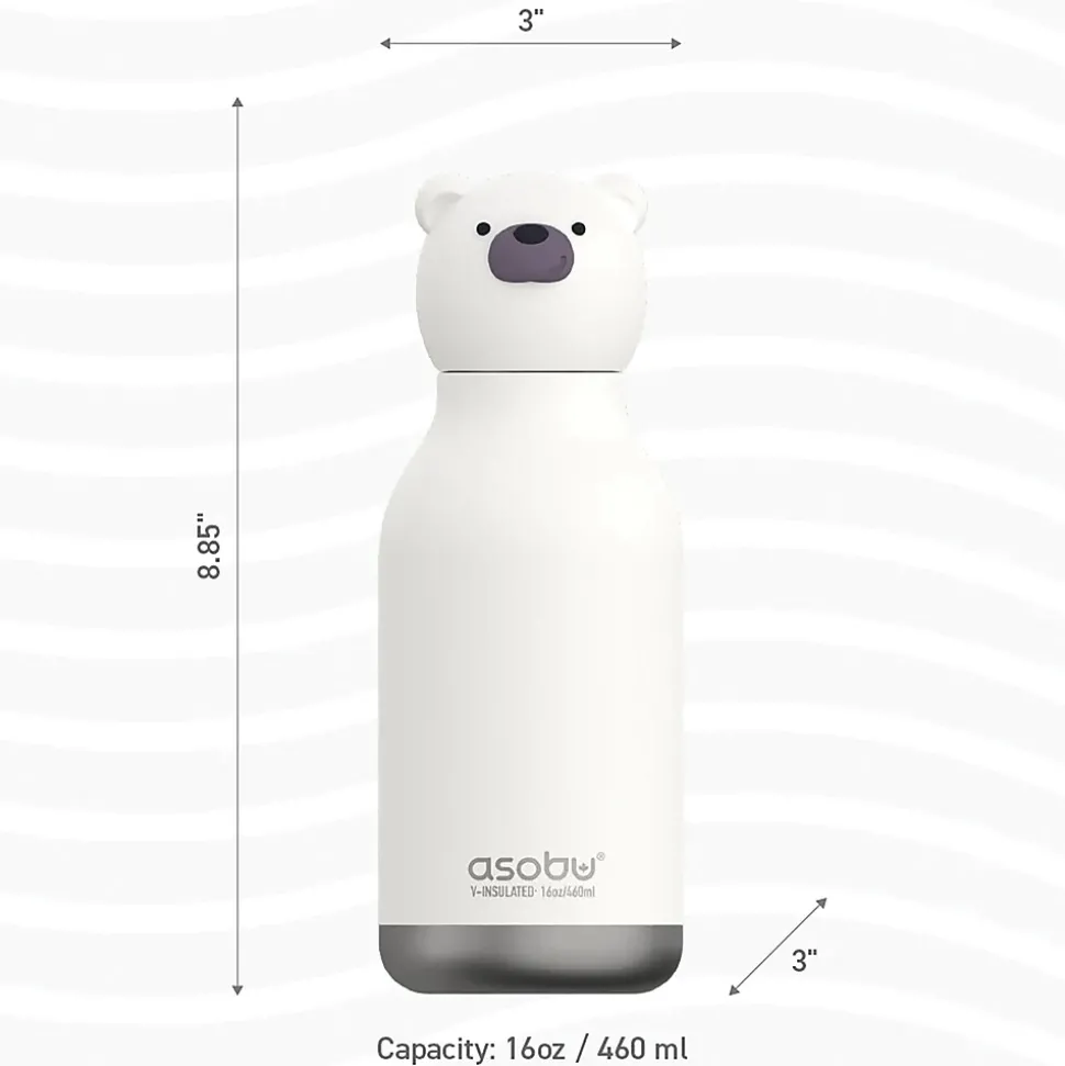 ASOBU Bestie Bottle Teddy Bear Vacuum Insulated Stainless Steel Water Bottle with Reusable Flexi Straw, 16 oz., White (SBV44BE)
