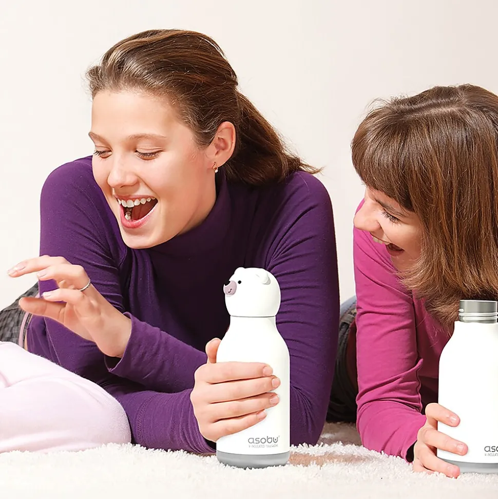 ASOBU Bestie Bottle Teddy Bear Vacuum Insulated Stainless Steel Water Bottle with Reusable Flexi Straw, 16 oz., White (SBV44BE)