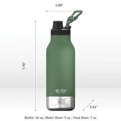 ASOBU Buddy 3-in-1 Water Bottle with Removable Dog Bowl & Food Compartment, 32 oz., Basil Green (SDB2)