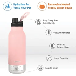ASOBU Buddy 3-in-1 Water Bottle with Removable Dog Bowl & Food Compartment, 32 oz., Pink (SDB2)