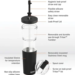 ASOBU Marina See-Through Triton Tumbler with Flexible Straw, 28 oz., Black (ICT400)