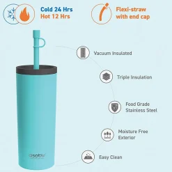 ASOBU Super Sippy Insulated Coffee Tumbler, 20 oz., Teal (NA-ICT200)