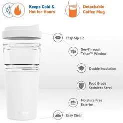 ASOBU Vista Stainless Steel Double Wall Insulated Coffee Mug, 20 oz., White (ADNASM40W)