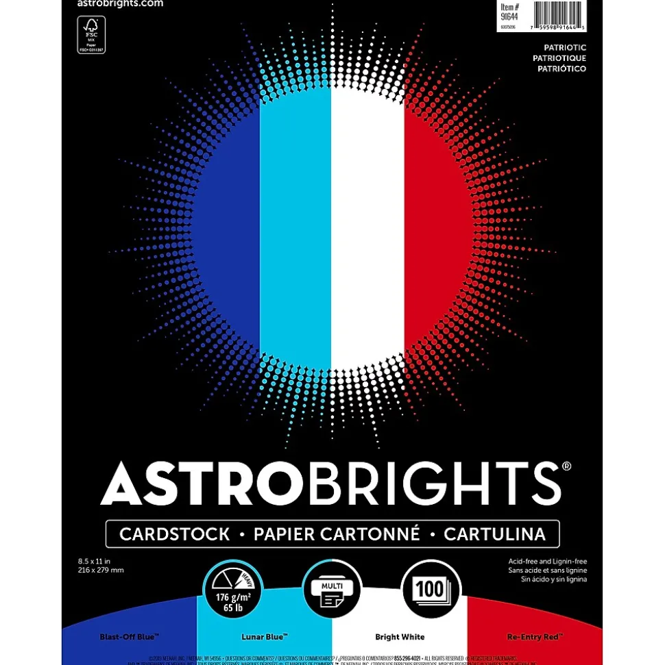 Astrobrights 65 lb. Cardstock Paper, 8.5" x 11", Patriotic Assortment, 100 Sheets/Ream (91644)