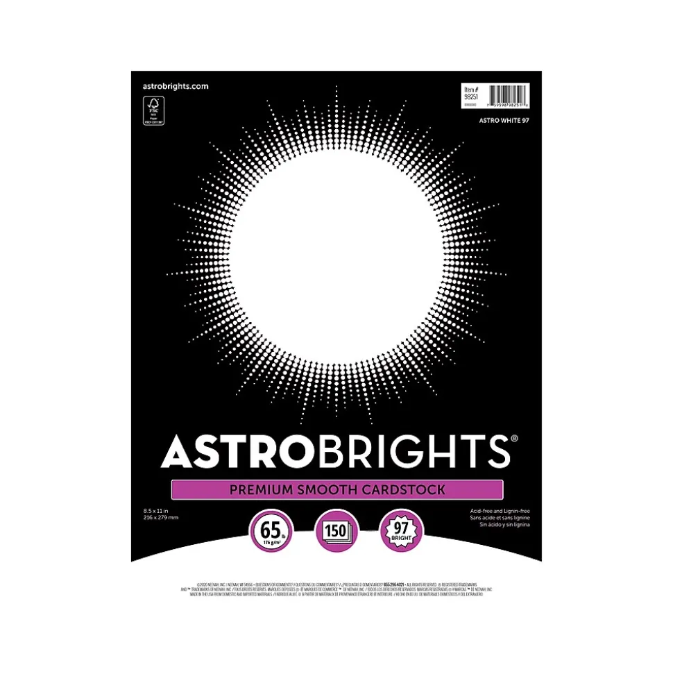 Astrobrights 65 lb. Cardstock Paper, 8.5" x 11", Astro White, 150 Sheets/Pack (98251)