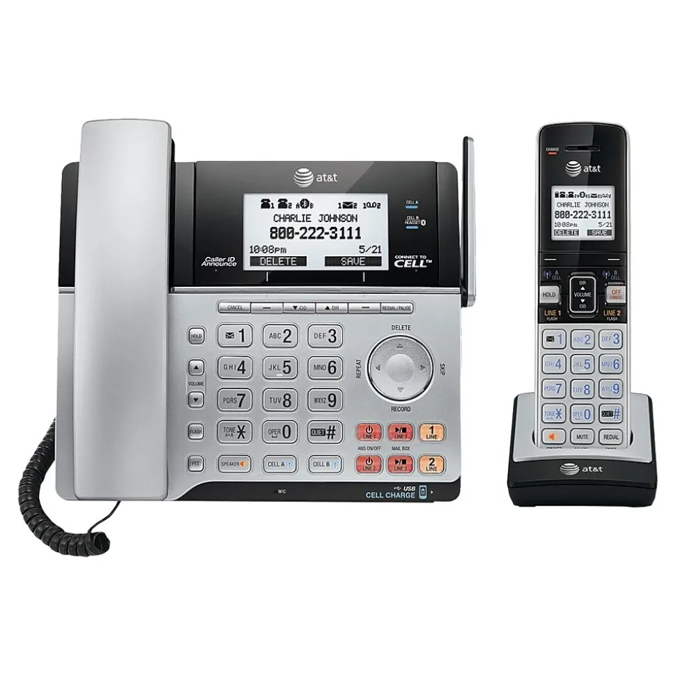 AT&T Connect to Cell 2-Line Cordless VOIP Phone with Digital Answering, Black/Silver (TL86103)