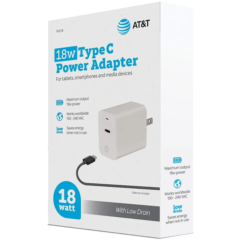 AT&T Type-C Power Adapter, 18-Watt, White, (PDC18)