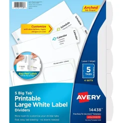 Avery Big Tab Printable Paper Dividers with Large White Labels, 5 Tabs, White, 4 Sets/Pack (14438)