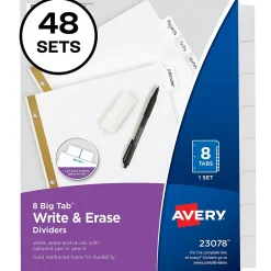 Avery Big Tab Write & Erase Paper Dividers, 8 Tab, White, 48 Sets/Carton (23078CT)