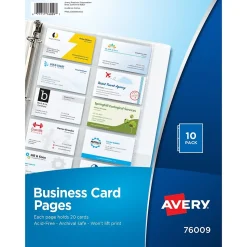 Avery Business Card Pages, 3-Hole Punched, 8.5" x 11", Clear, 10/Pack (76009)