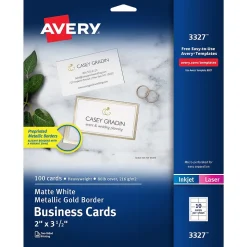 Avery Business Cards, 2" x 3 1/2", White/Gold, 10 Cards/Sheet, 10 Sheets/Pack, 100 Cards/Pack (3327)