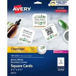 Avery Clean Edge Laser Square Cards with Rounded Corners, 2 1/2" x 2 1/2", White, 20 Sheets/Pack, 180 Cards/Pack (35703)