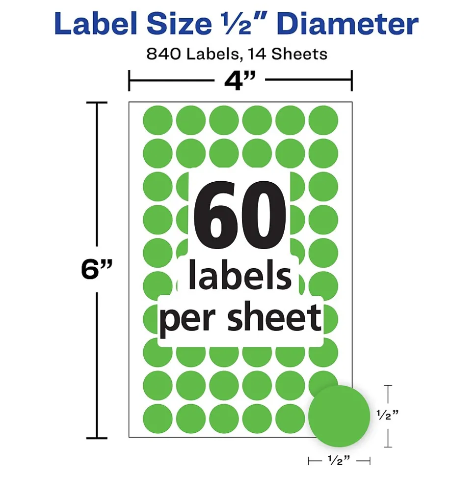 Avery Color-Coding Labels, 1/2 " Dia, Neon Green, Non-Printable, 840 Labels/Pack (5052)