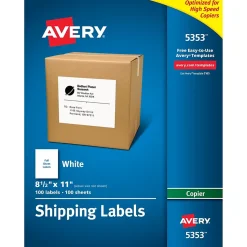 Avery Copier Shipping Labels, 8-1/2" x 11", White, 100 Labels/Box (5353)