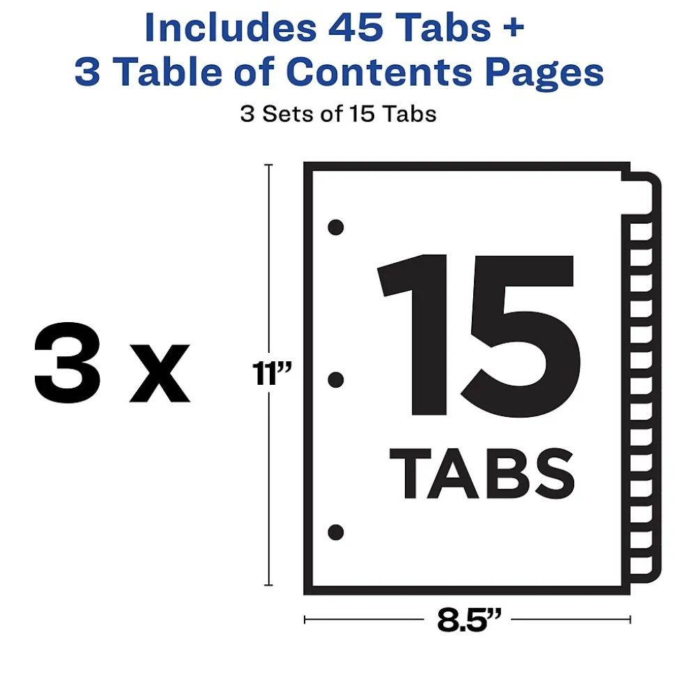 Avery Customizable Table Of Contents Divider, 15-Tab, White, 3 Sets/Pack (11074)