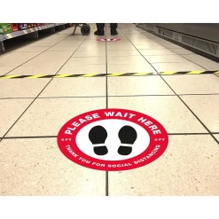Avery Directional "Please Wait Here" Preprinted Floor Decals, 10.5" Diameter, White/Red, 5/Pack (83090)