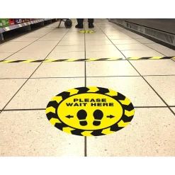 Avery Directional "Please Wait Here" Preprinted Floor Decals, 10.5" Diameter, Yellow/Black, 5/Pack (83020)