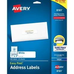 Avery Easy Peel Inkjet Address Labels, 1" x 4", White, 500 Labels/Pack (8161)