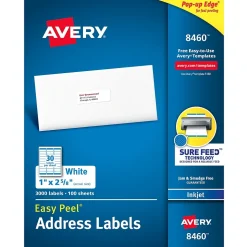 Avery Easy Peel Inkjet Address Labels, 1" x 2-5/8", White, 3,000 Labels/Box (8460)