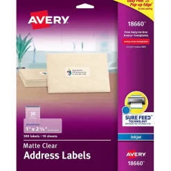 Avery Easy Peel Inkjet Address Labels, 1" x 2-5/8", Clear, 300 Labels/Pack (18660)