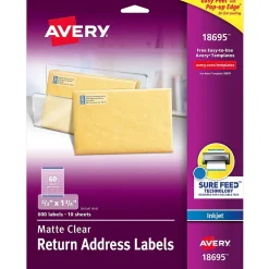 Avery Easy Peel Inkjet Return Address Labels, 2/3" x 1-3/4", Clear, 600 Labels/Pack (18695)