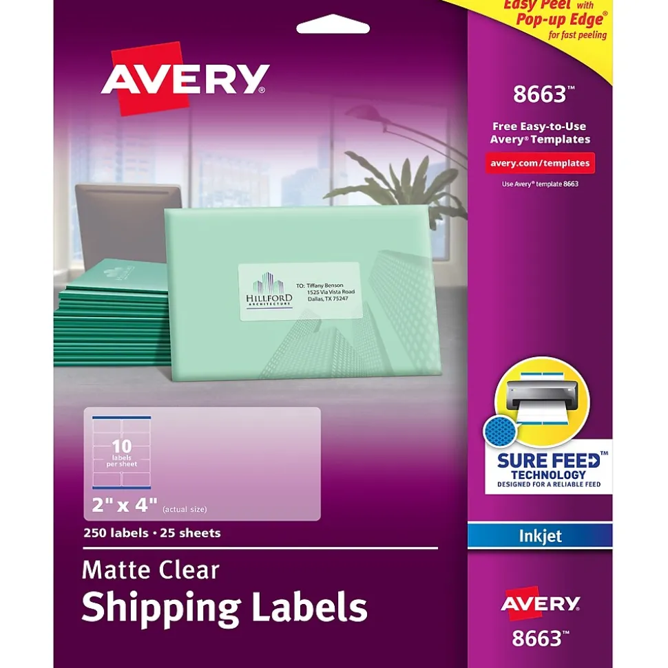 Avery Easy Peel Inkjet Shipping Labels, 2" x 4", Clear, 250 Labels/Pack (8663)