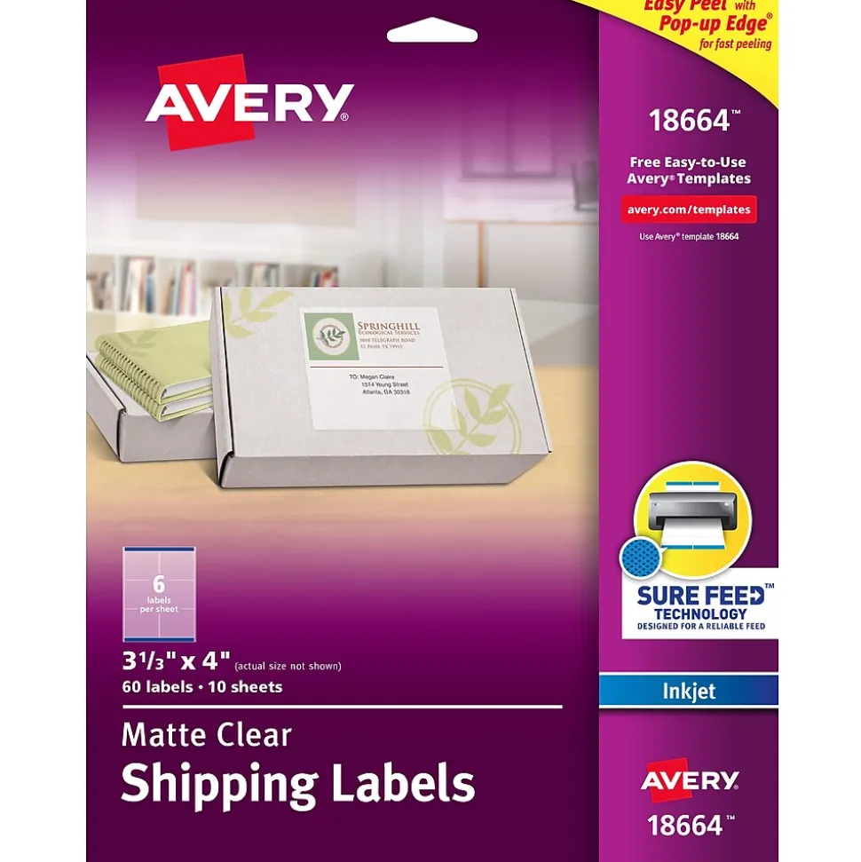 Avery Easy Peel Inkjet Shipping Labels, 3-1/3" x 4", Clear, 60 Labels/Pack (18664)
