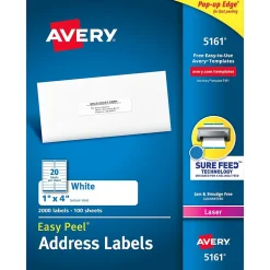 Avery Easy Peel Laser Address Labels, 1" x 4", White, 2,000 Labels/Box (5161)