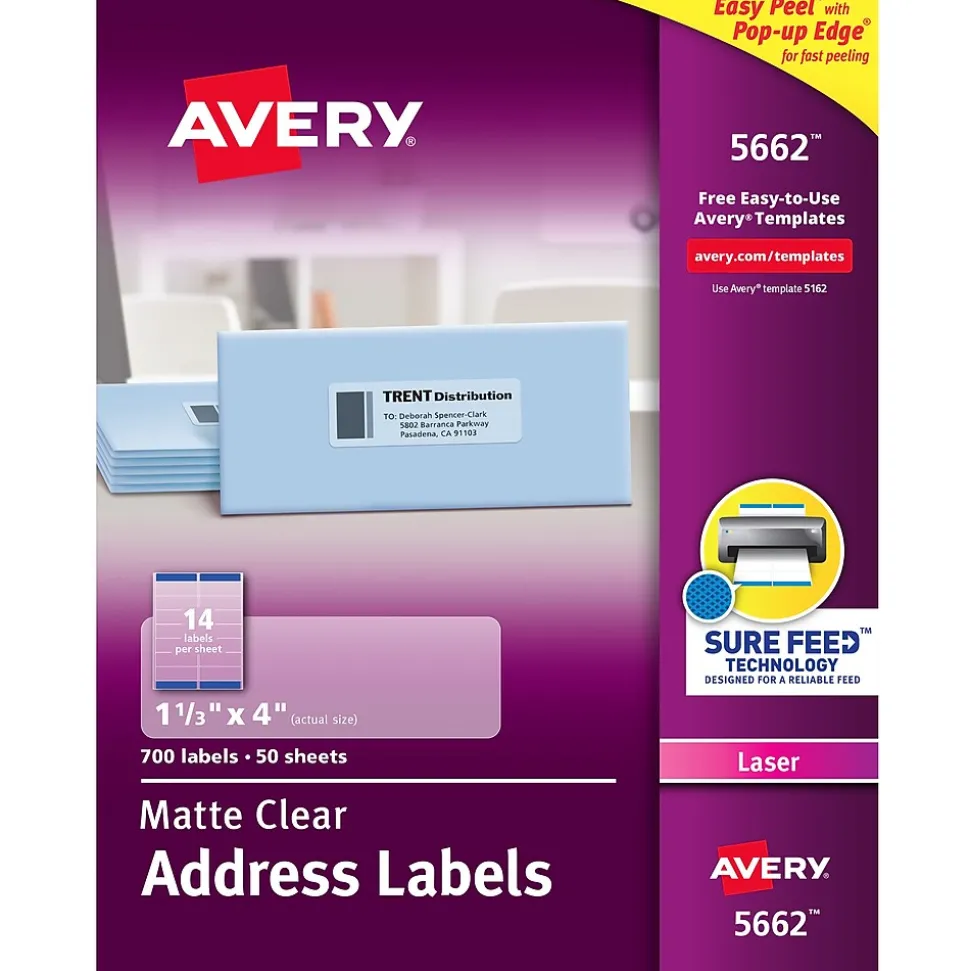 Avery Easy Peel Laser Address Labels, 1-1/3" x 4", Clear, 700 Labels/Box (5662)