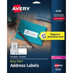 Avery Easy Peel Laser Address Labels, 1" x 2-5/8", Glossy White, 750 Labels/Pack (6526)