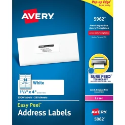 Avery Easy Peel Laser Address Labels, 1-1/3" x 4", White, 3,500 Labels/Box (5962)