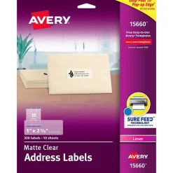 Avery Easy Peel Laser Address Labels, 1" x 2-5/8", Clear, 300 Labels/Pack (15660)