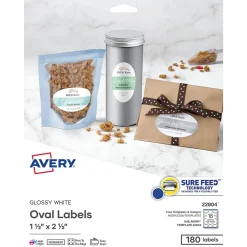 Avery Easy Peel Laser/Inkjet Oval Labels, 1 1/2" x 2 1/2", Glossy White, 180 Labels/Pack (22804)
