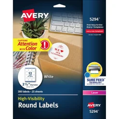 Avery High Visibility Laser Shipping Labels, 2.5"Dia., White, 300/Pack (5294)