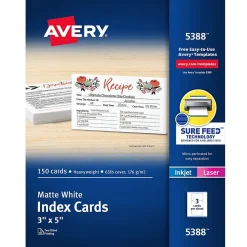 Avery Index Cards, 3" x 5", Matte White, Laser/Inkjet, 150/Pack (05388)