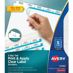 Avery Index Maker Big Tab Paper Dividers with Print & Apply Label Sheets, 5 Tabs, White, 5 Sets/Pack (11492)